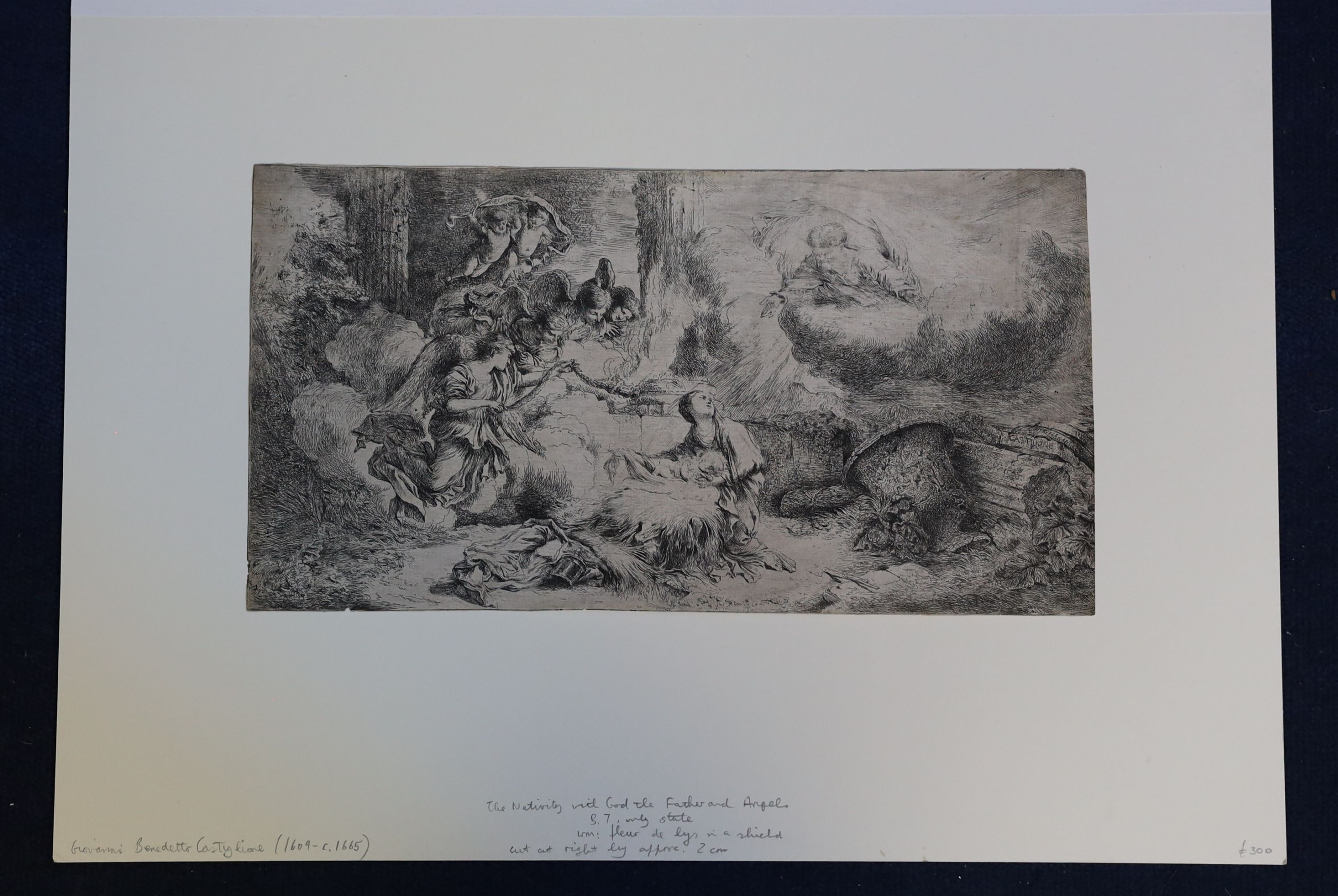 Giovanni Benedetto Castiglione (1609-1664), The Nativity with God the Father and Angels, c.1647, etching, 20 x 38cm. unframed